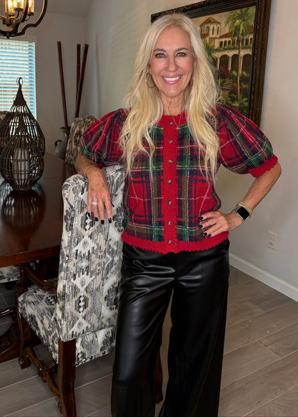 Red Plaid Button Front Sweater