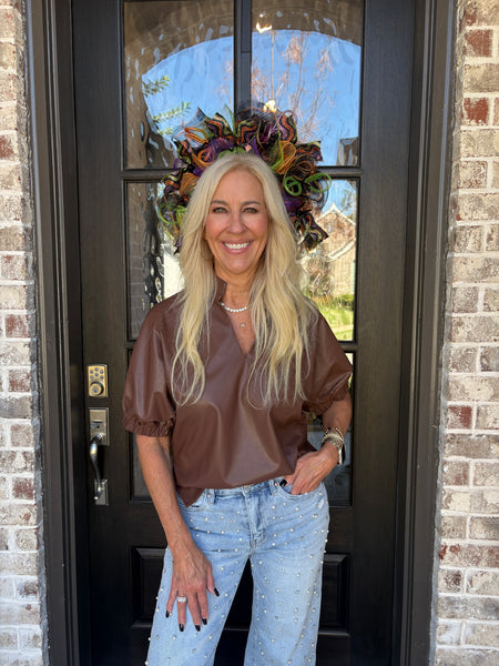 Chocolate Faux Leather Puff Sleeve