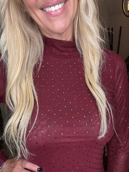 Embellished Mesh Mock Neck