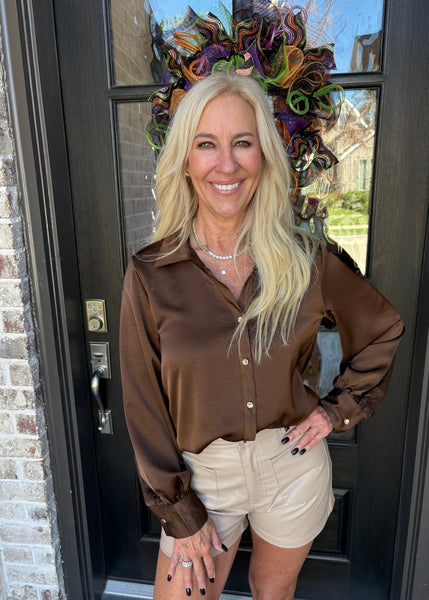 Brown V neck gold button front