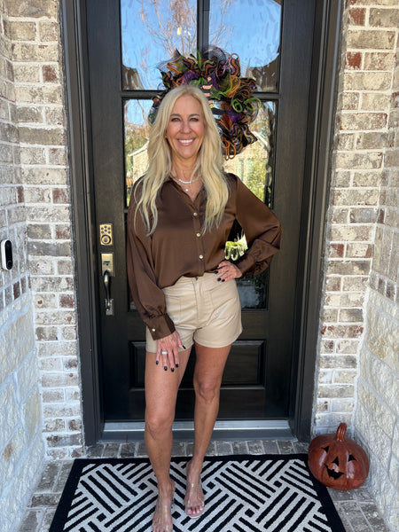 Brown V neck gold button front