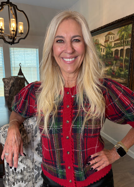 Red Plaid Button Front Sweater