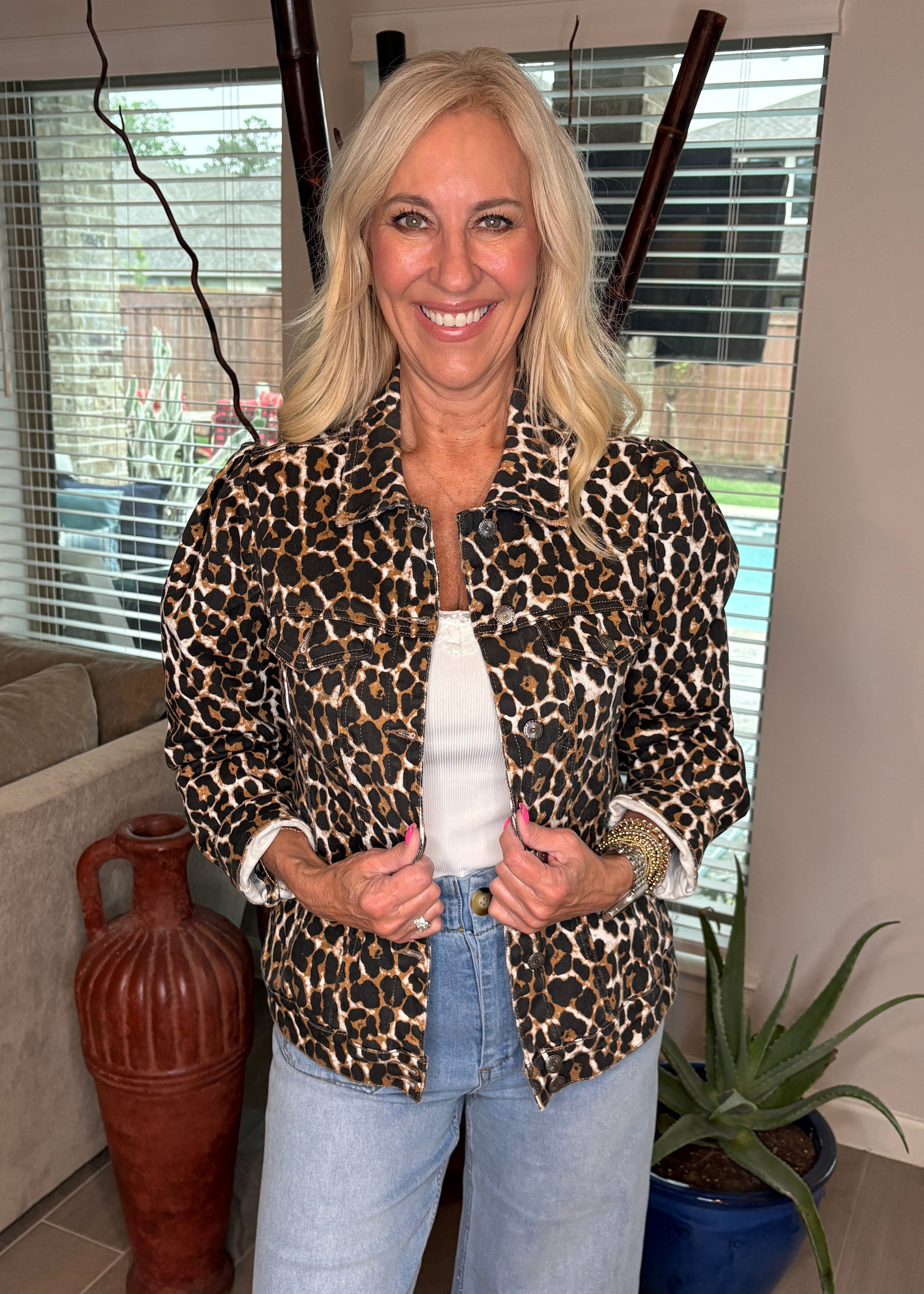 Leopard Stretch Denim Puff Sleeve Jacket