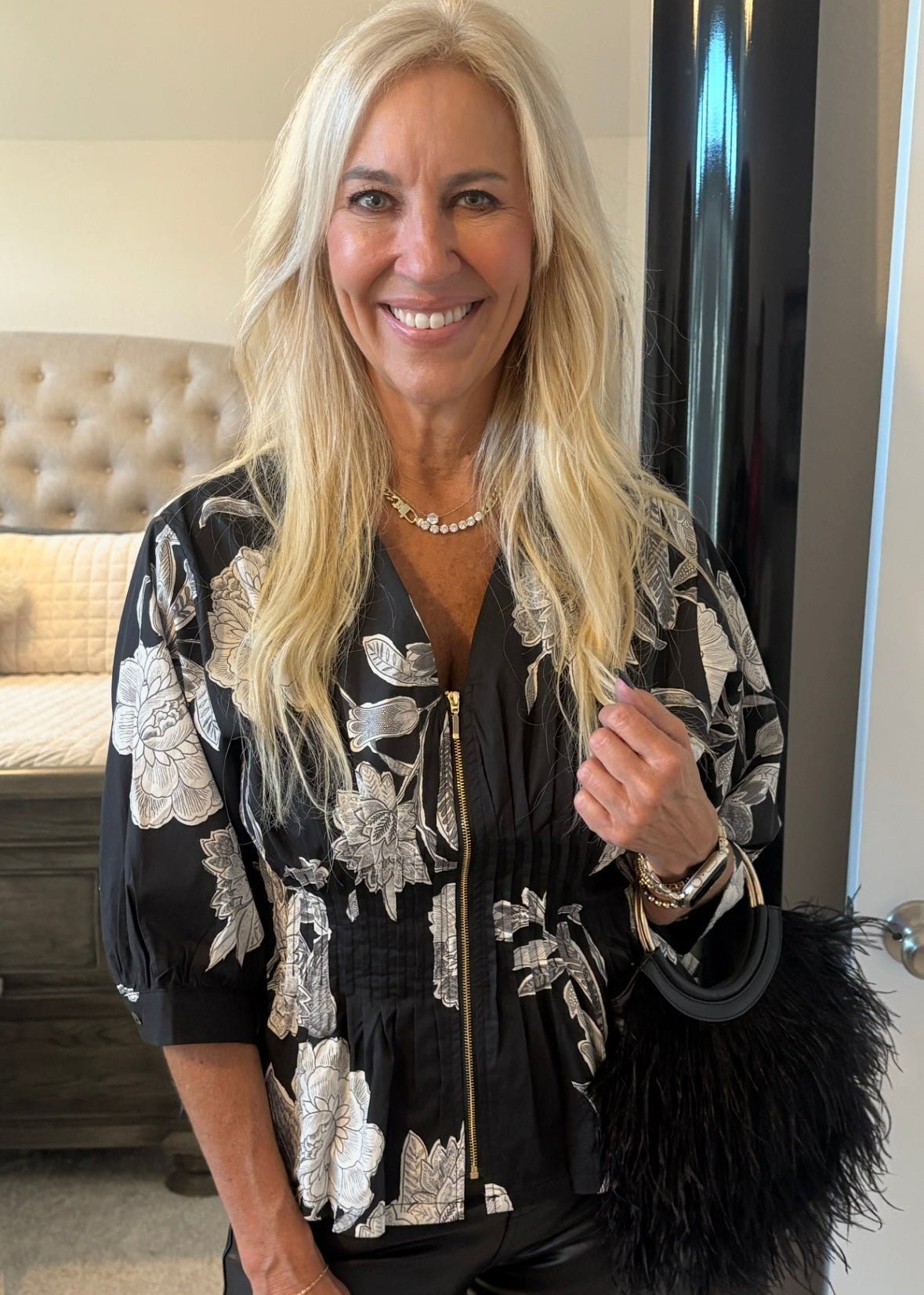 Black Floral Zip Front Pleat