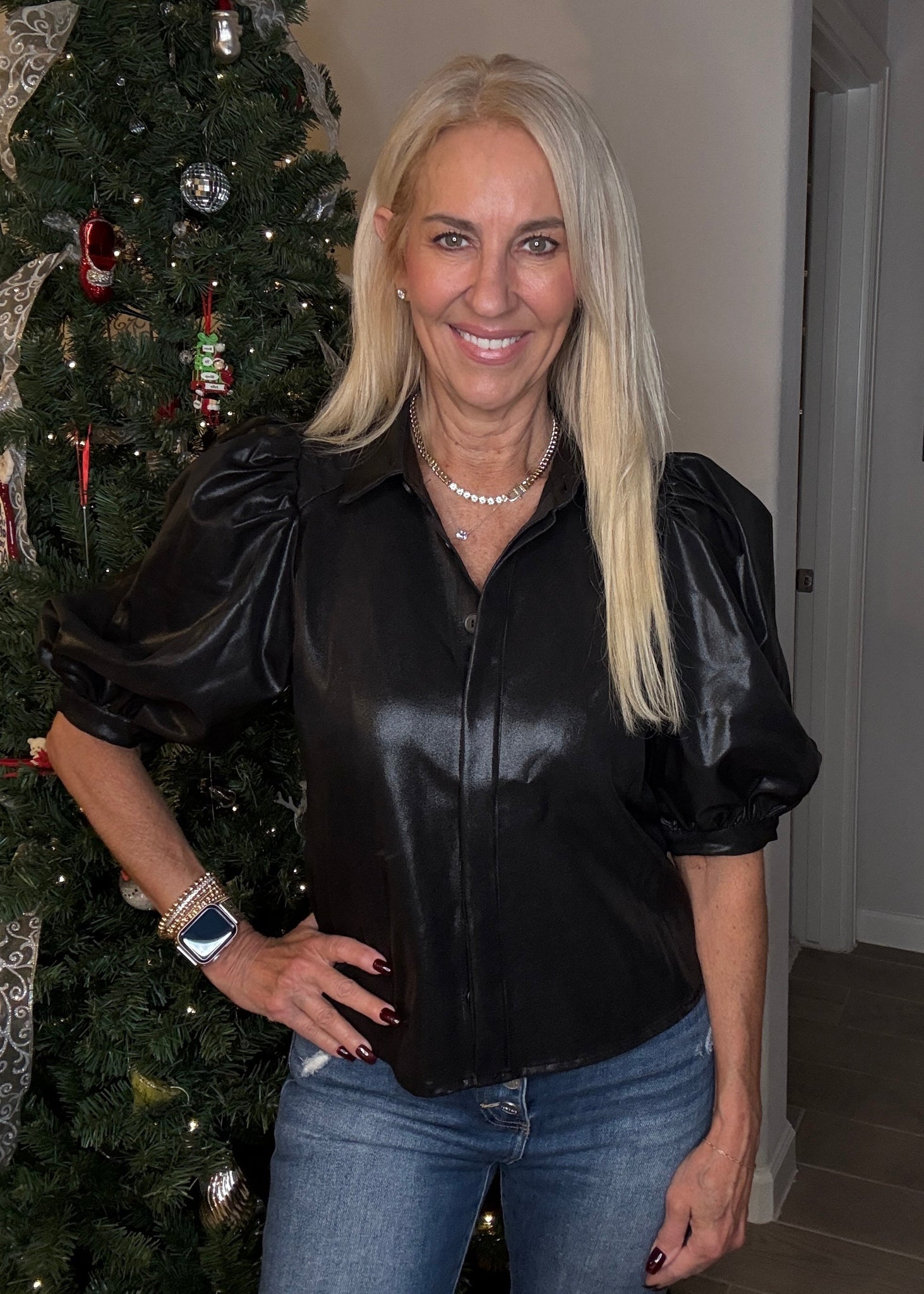 Black Collar Neck Puff Sleeve