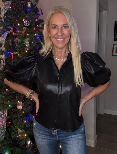 Black Collar Neck Puff Sleeve