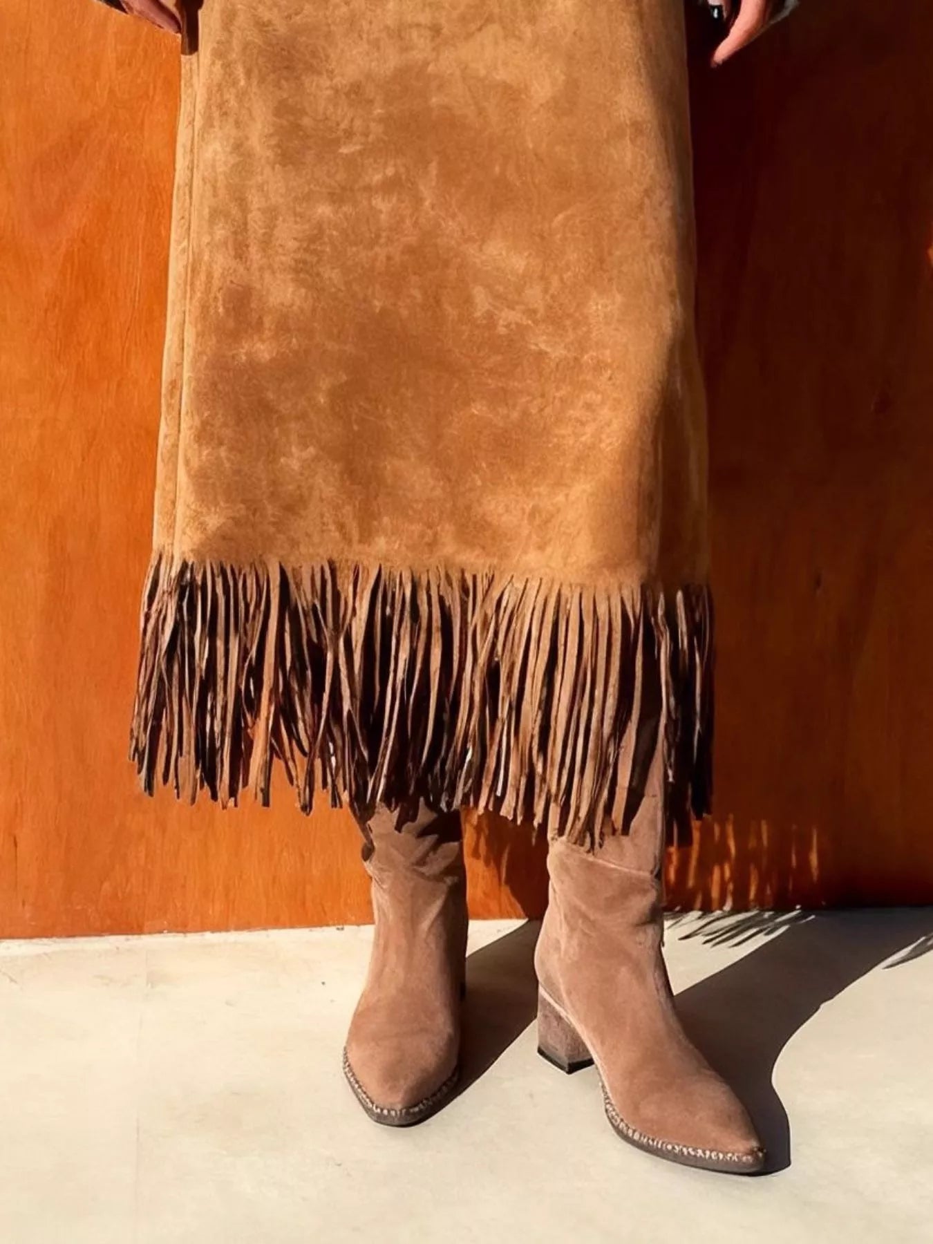 Suede Fringe Midi Skirt