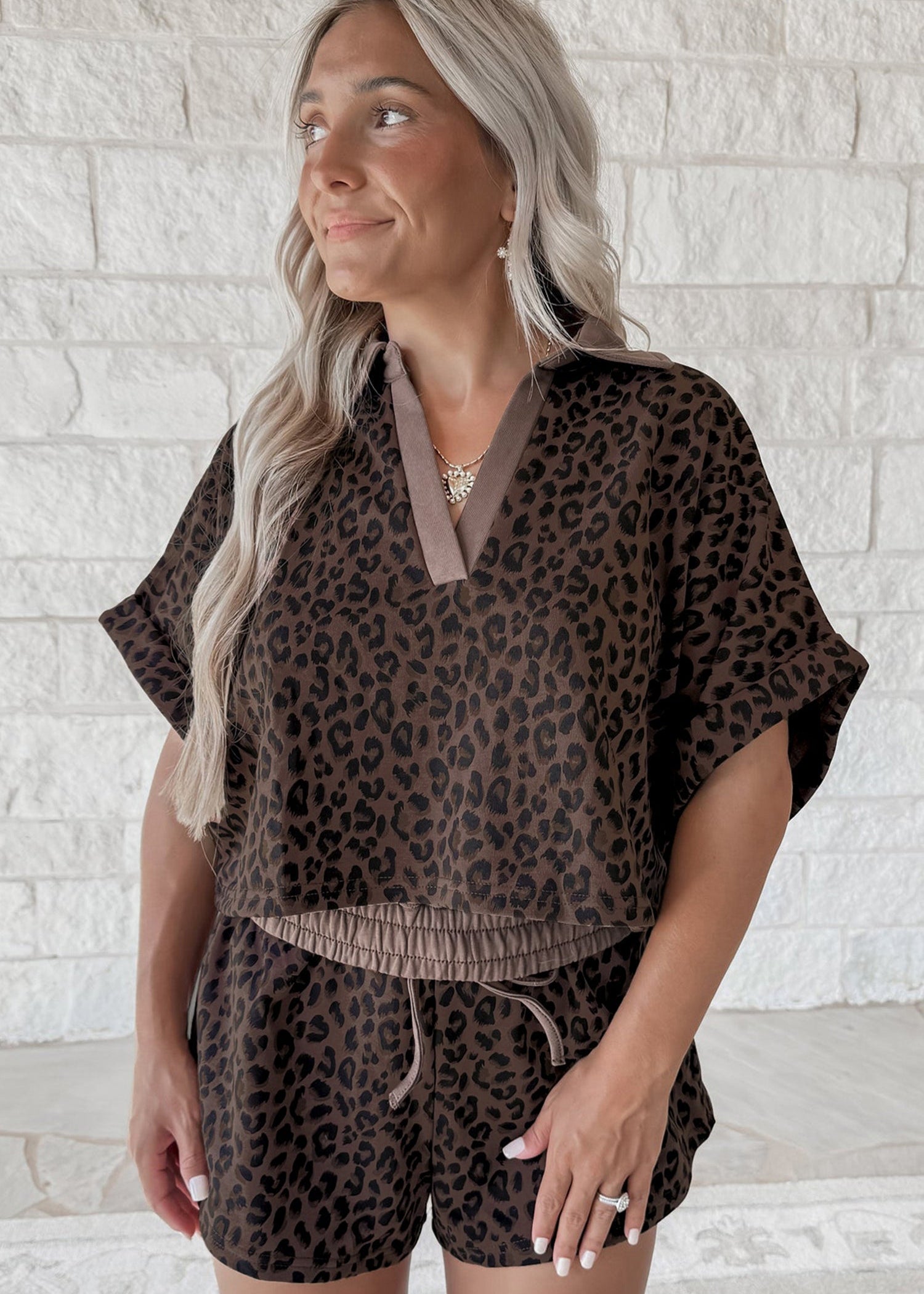 Brown V Neck Collar Leopard Printed 2pcs Short Set