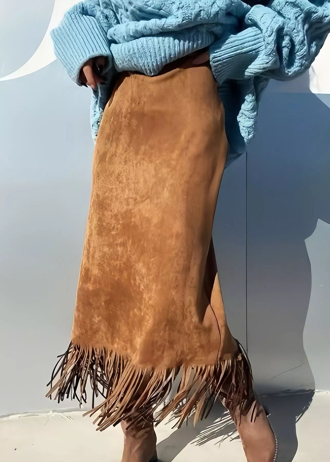 Suede Fringe Midi Skirt
