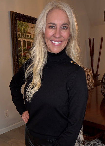Gold Button Black Turtleneck Sweater