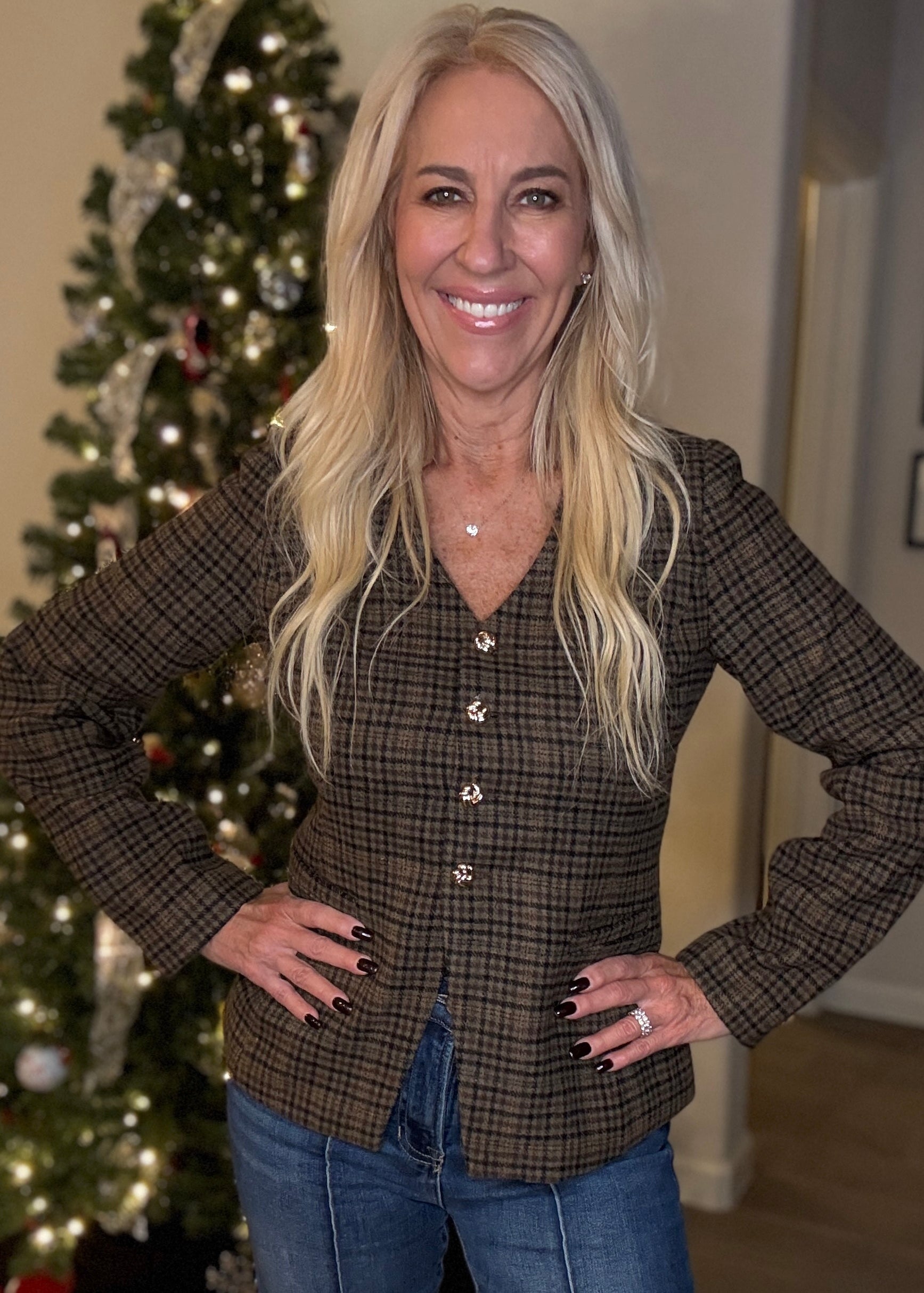 Brown tweed button down V neck Blazer