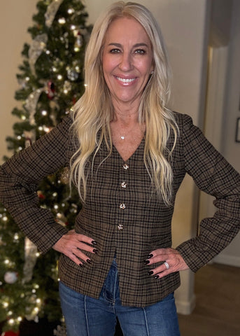 Brown tweed button down V neck Blazer