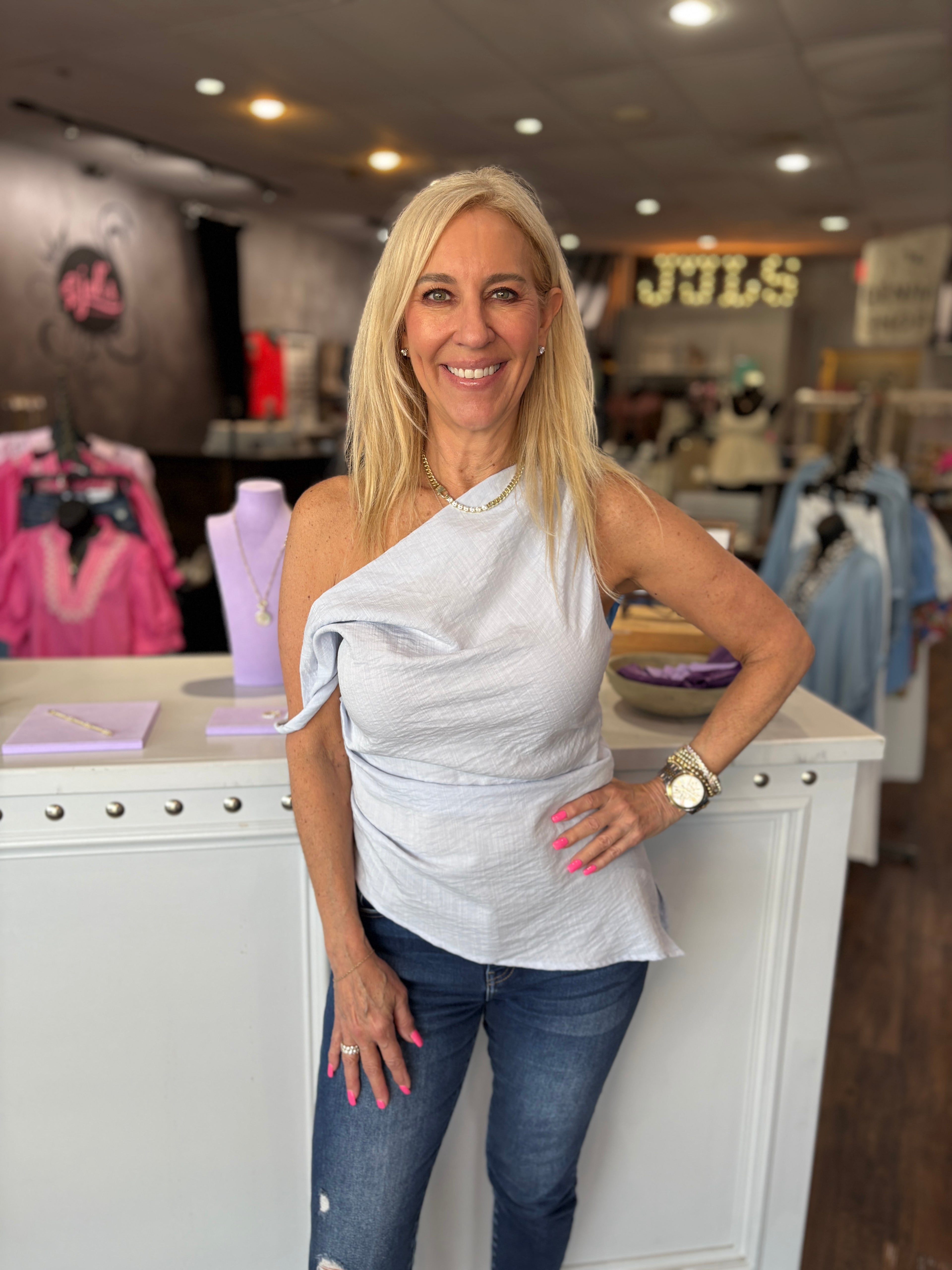 Baby Blue Asymmetrical Shoulder Top