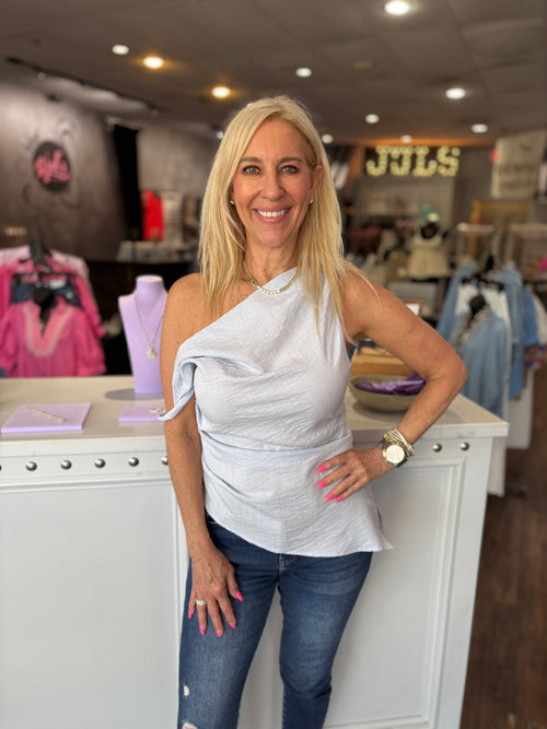 Baby Blue Asymmetrical Shoulder Top