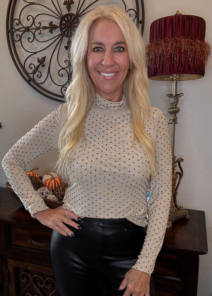 Embellished Mesh Mock Neck