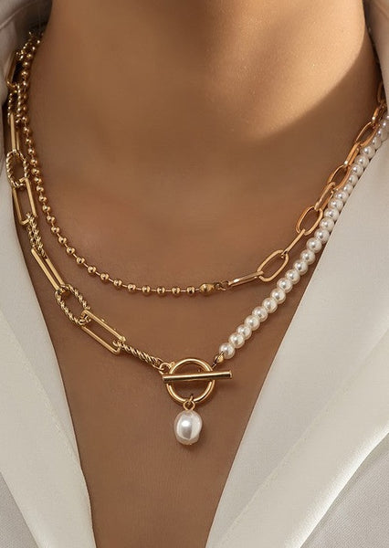 Chain with Pearl Double Layer Toggle Necklace