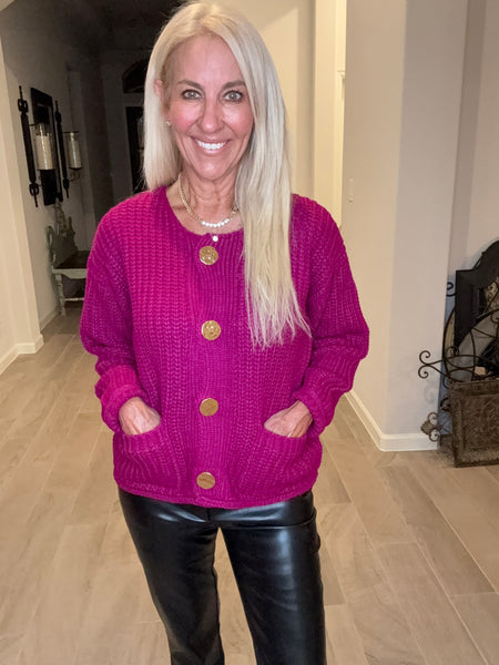 Magenta Cable Knit Cardigan