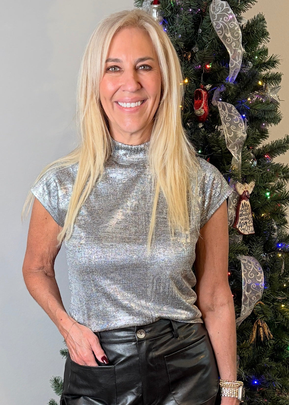 Silver Metallic Mock Neck