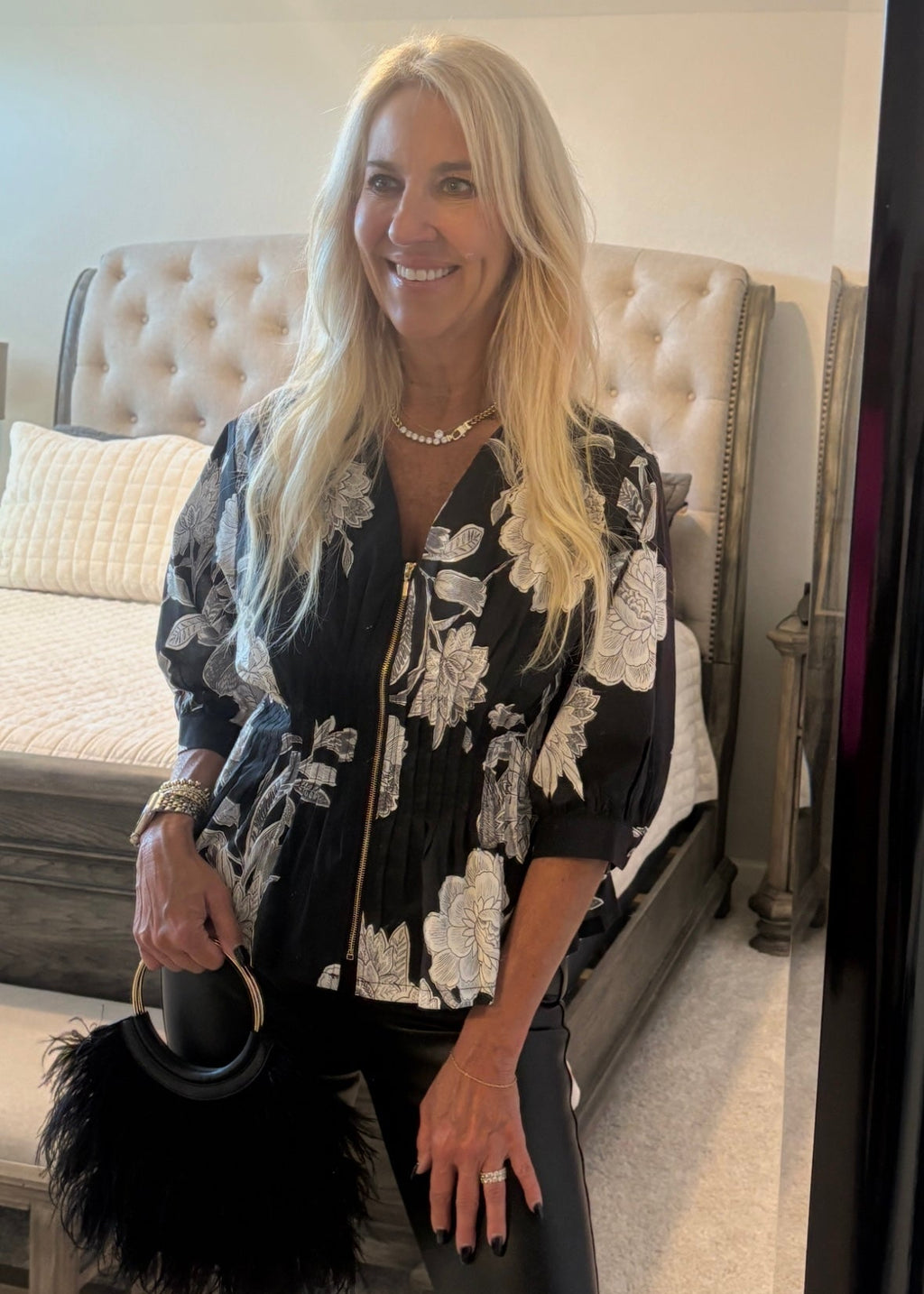 Black Floral Zip Front Pleat