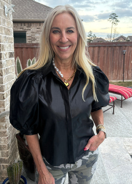 Black Collar Neck Puff Sleeve