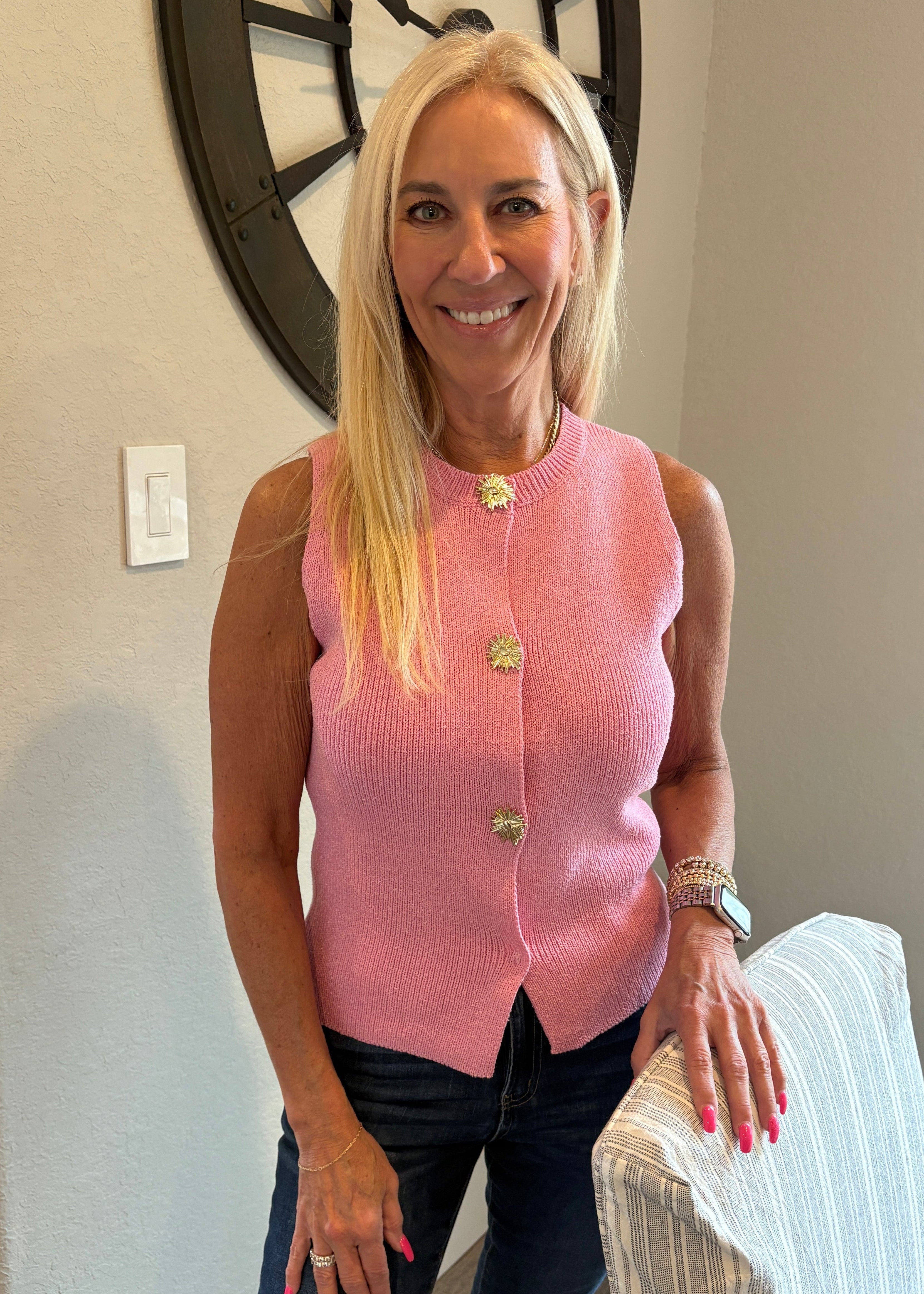 Pink Sweater Vest with Gold Buttons