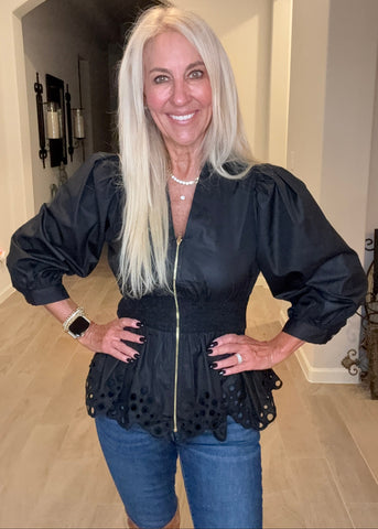 Black Zip Front Eyelet