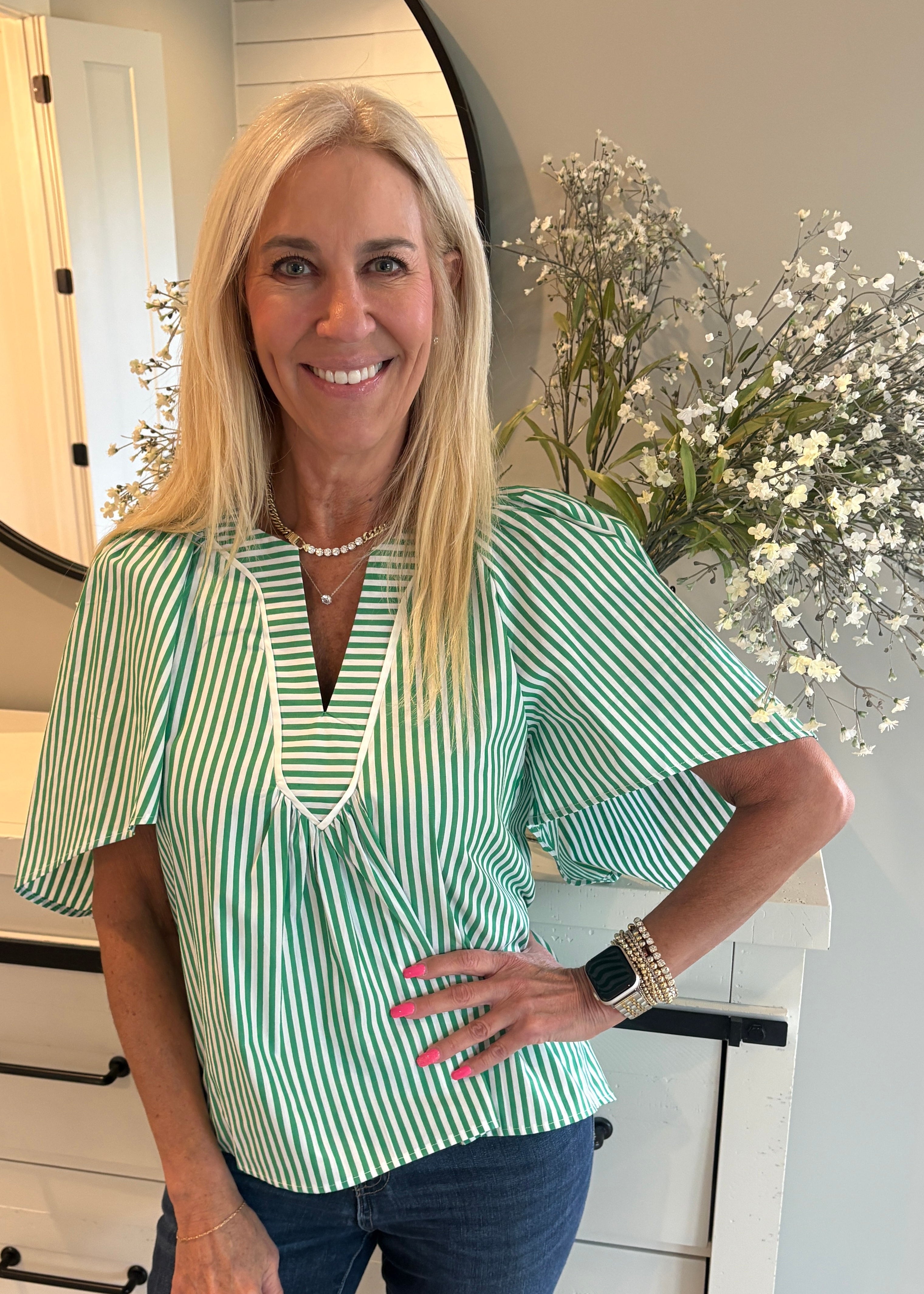 Green Flutter Sleeve Blouse