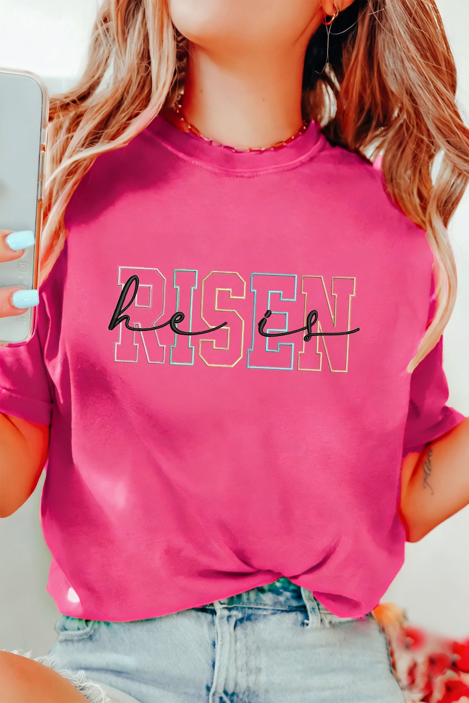 Rose Red He Is Risen Embroidered Slogan Tee