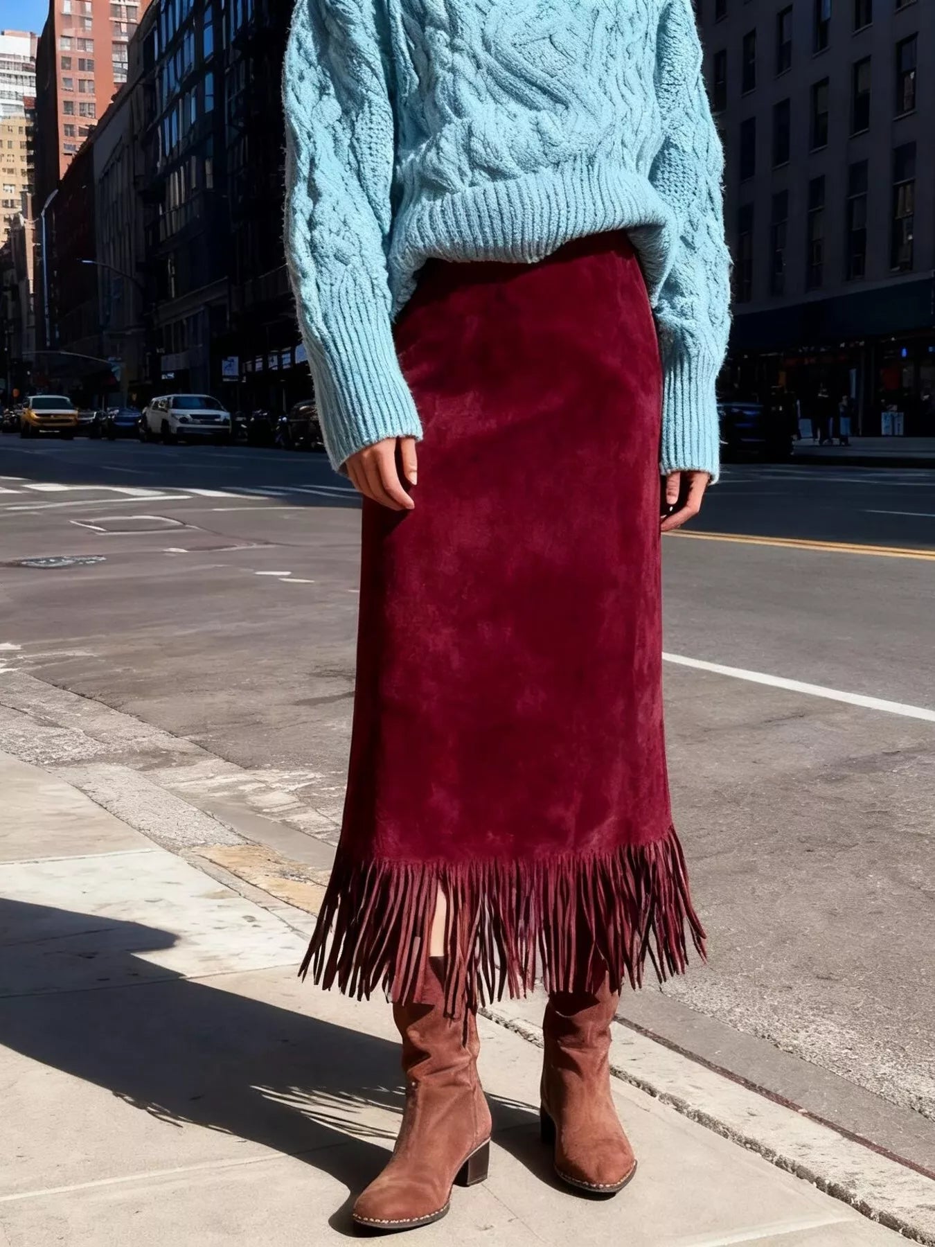 Suede Fringe Midi Skirt