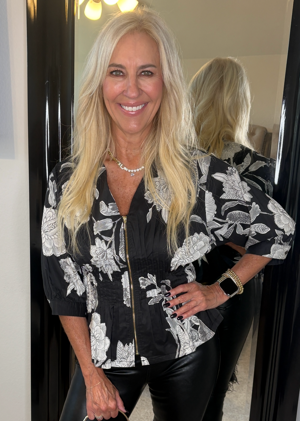 Black Floral Zip Front Pleat