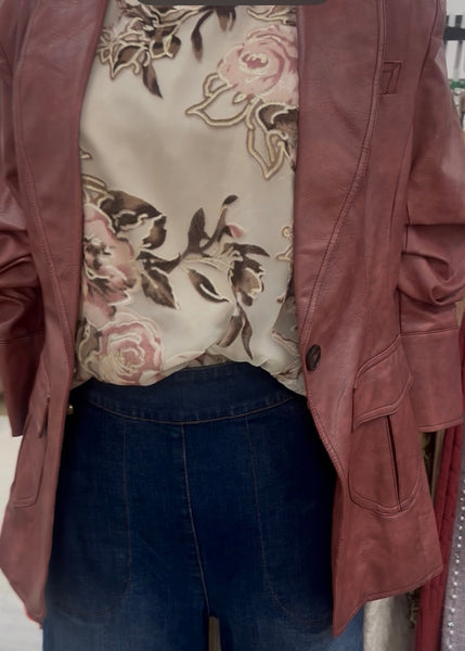 Maroon Faux Leather Ruched Sleeve Jacket