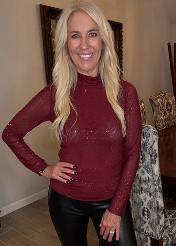 Embellished Mesh Mock Neck