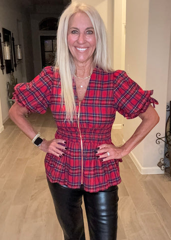 Red Plaid Zip Front Peplum