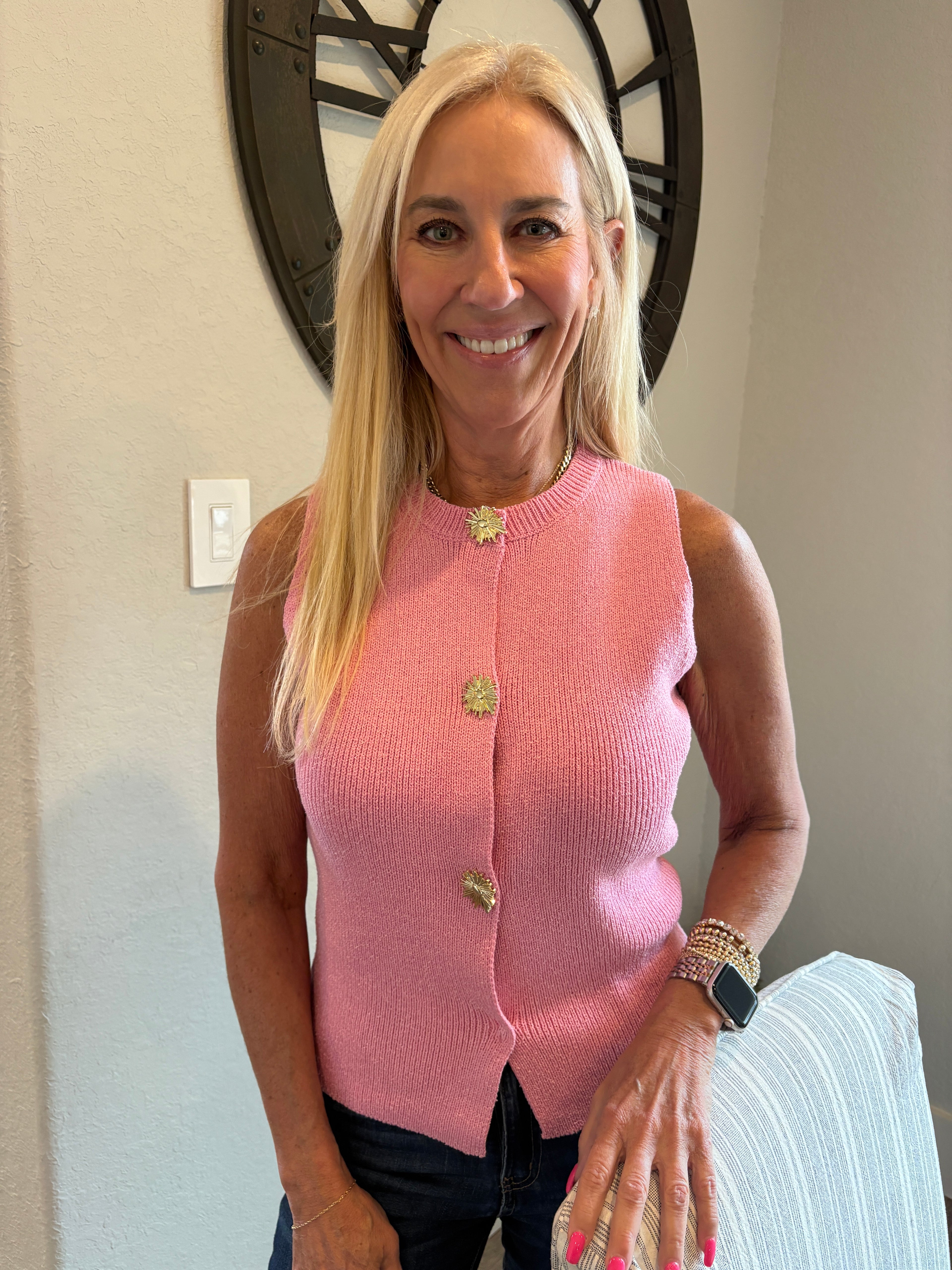 Pink Sweater Vest with Gold Buttons