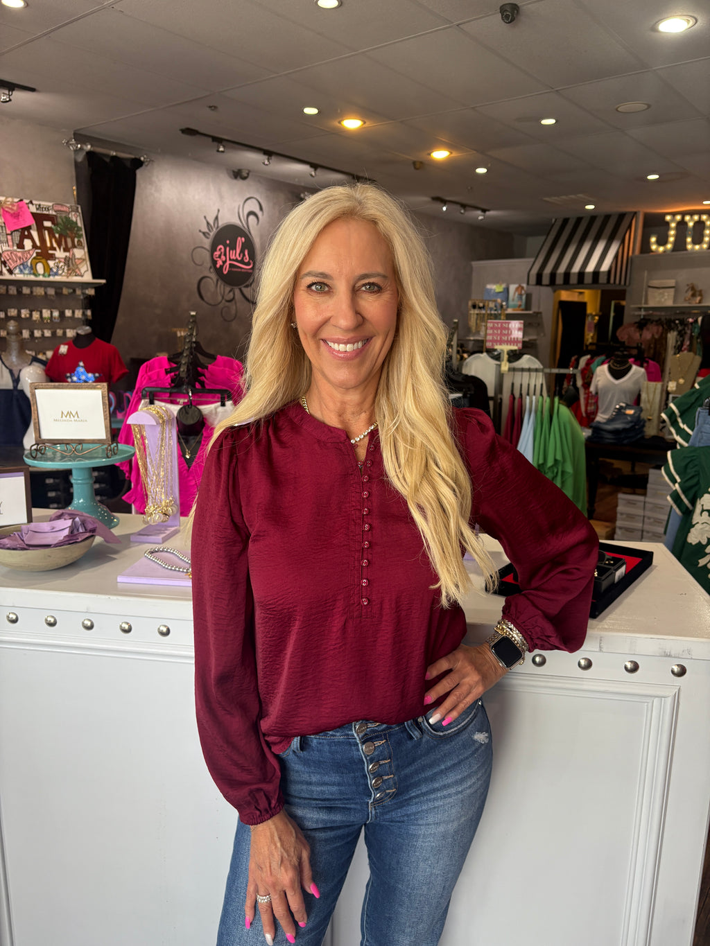 Burgundy Silk Button Front