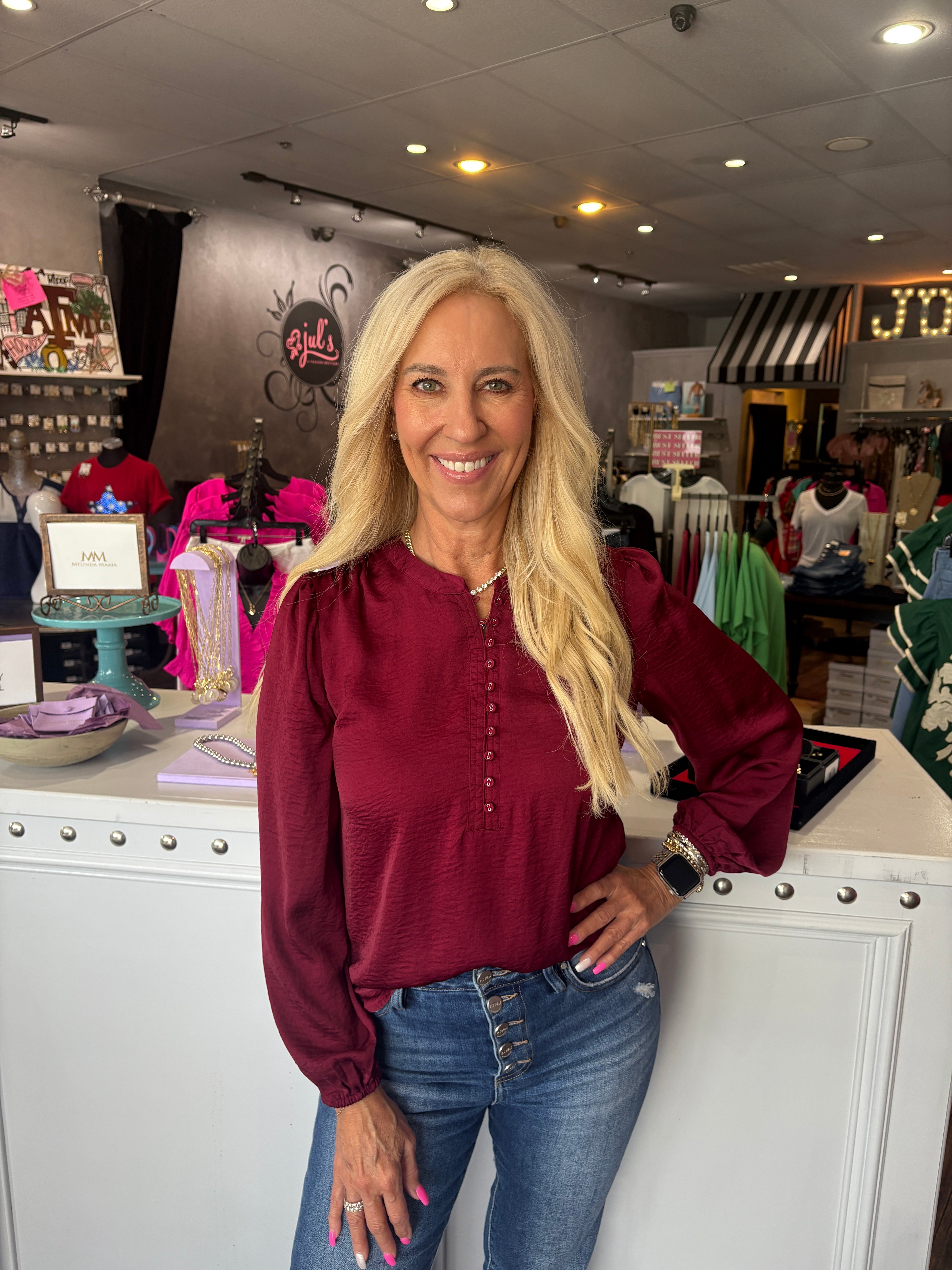 Burgundy Silk Button Front