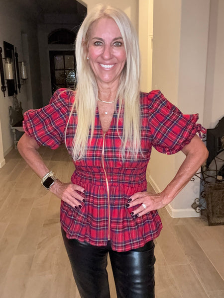 Red Plaid Zip Front Peplum