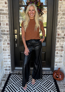 Faux Leather Tie Waist Wide Leg Pants