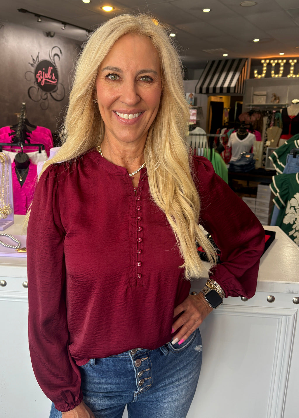 Burgundy Silk Button Front