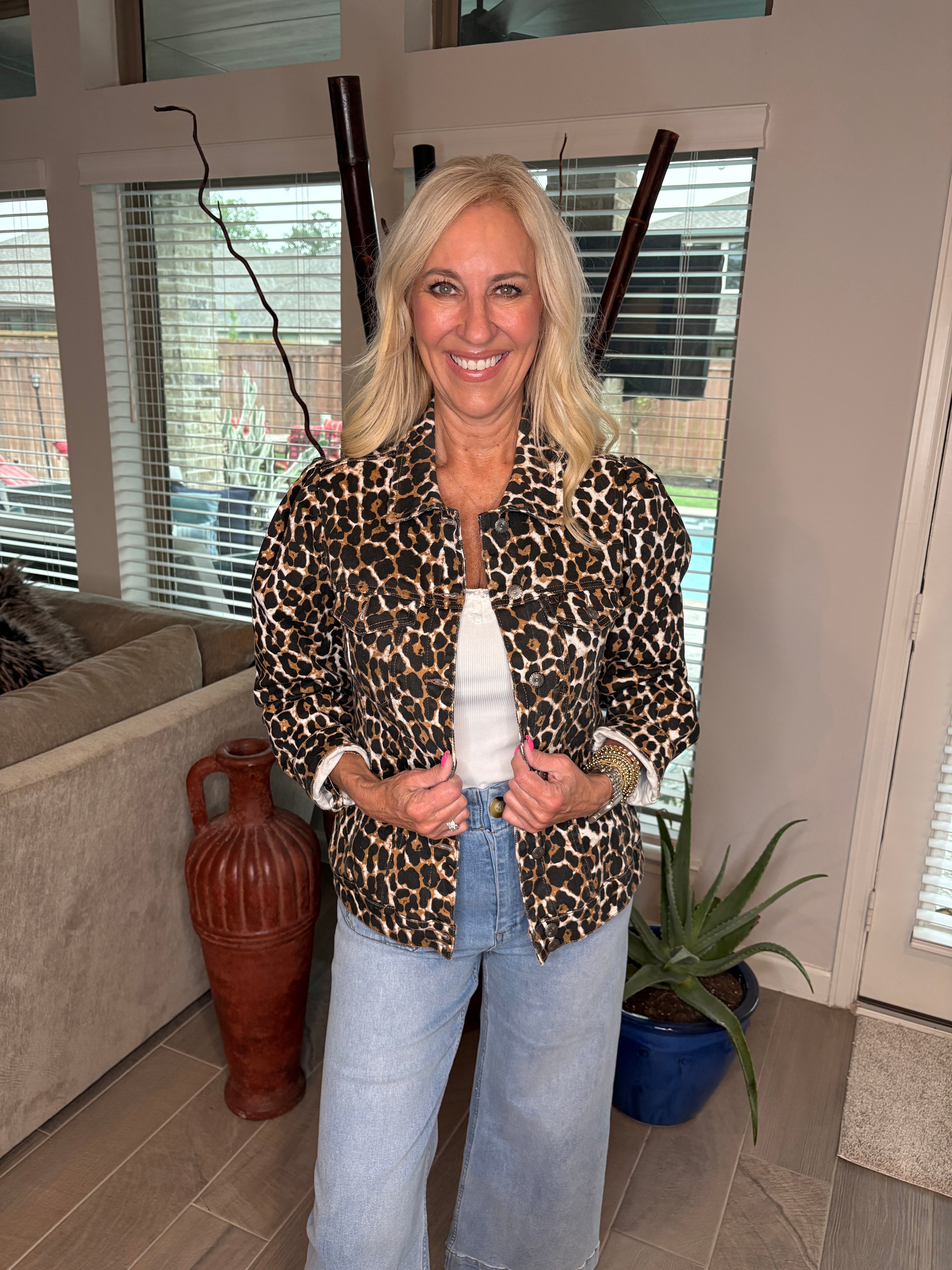 Leopard Stretch Denim Puff Sleeve Jacket