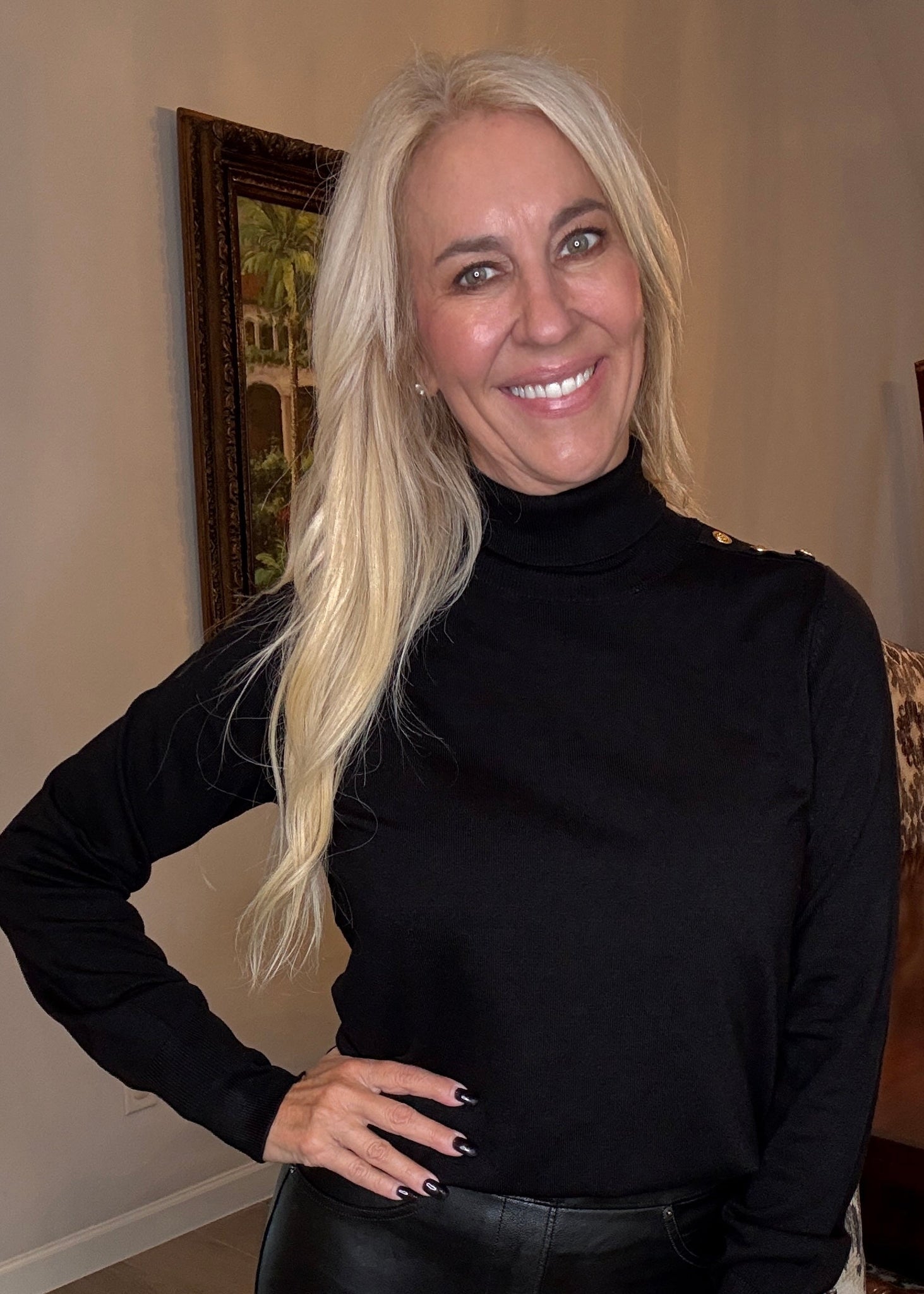 Gold Button Black Turtleneck Sweater