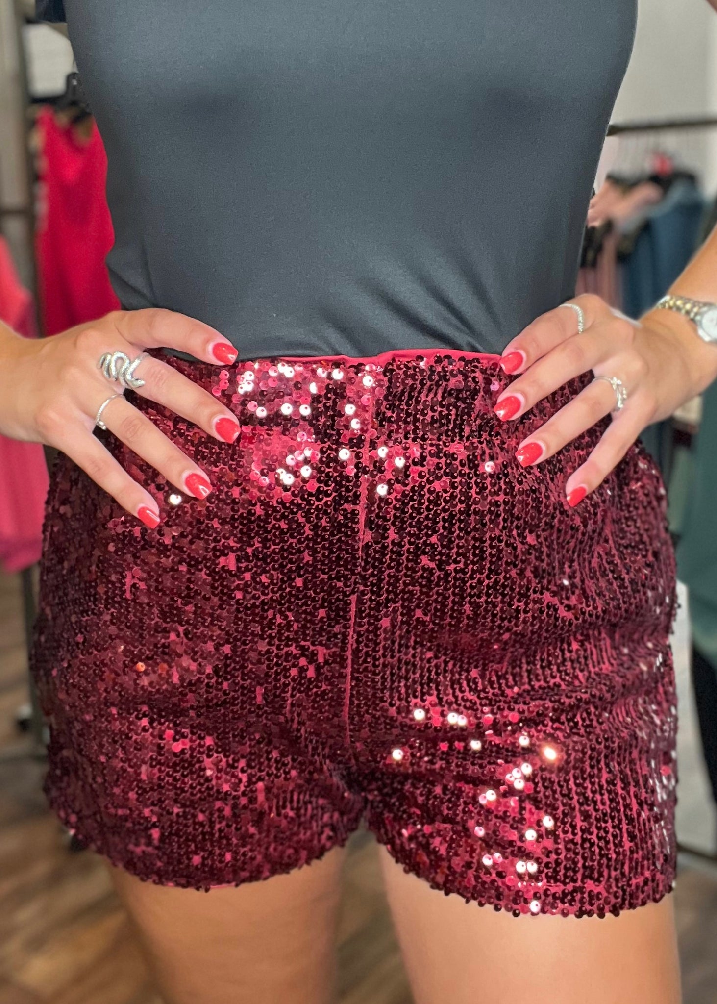 Burgundy Sequin Shorts