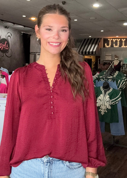 Burgundy Silk Button Front