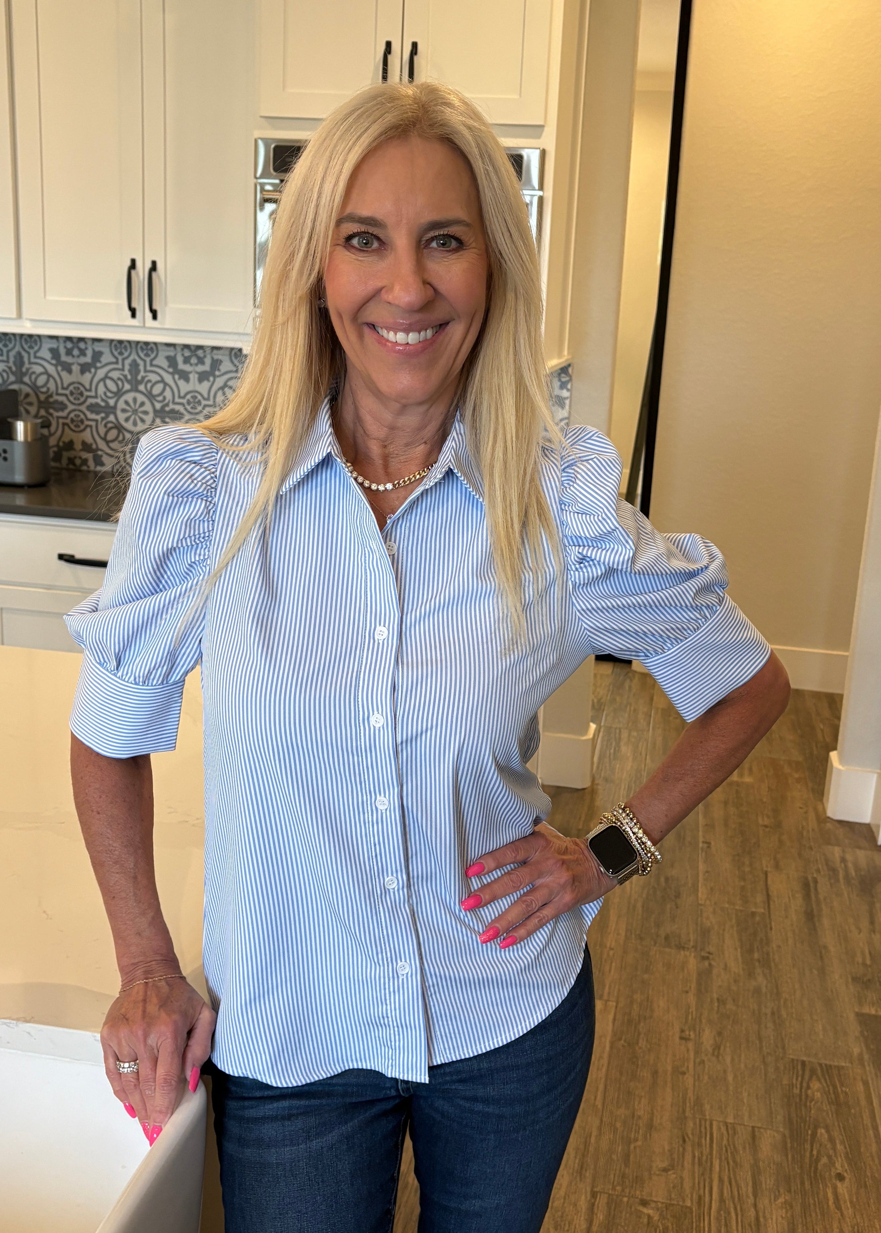 Dusty Blue Puff Sleeve Blouse