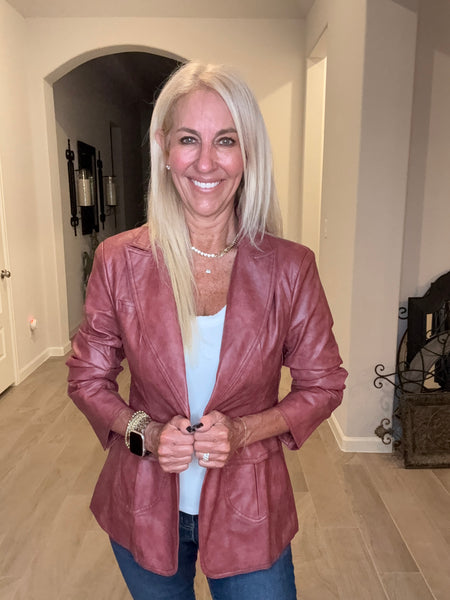 Maroon Faux Leather Ruched Sleeve Jacket