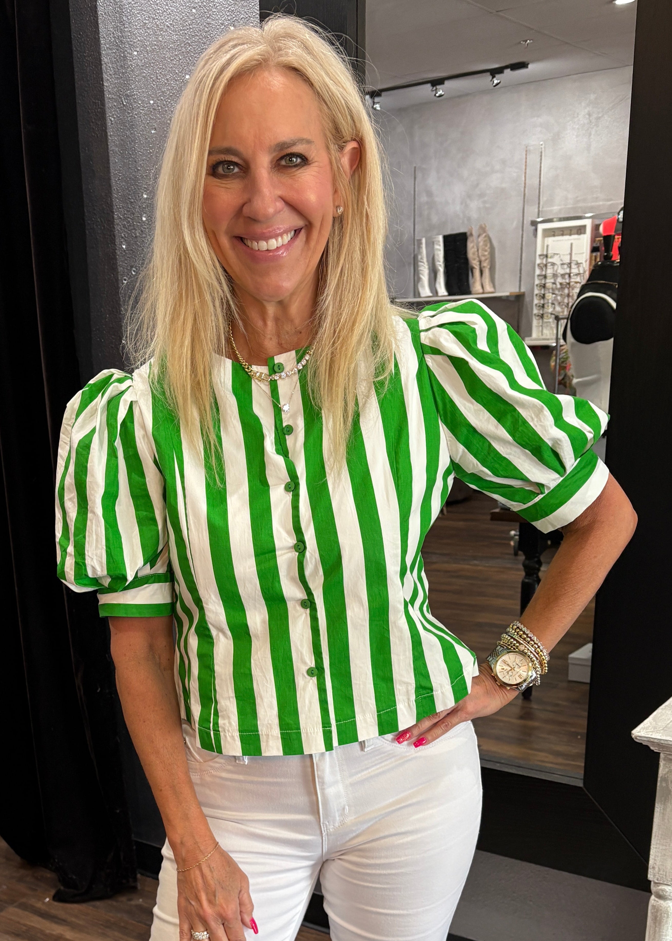 Green Stripe Button Up