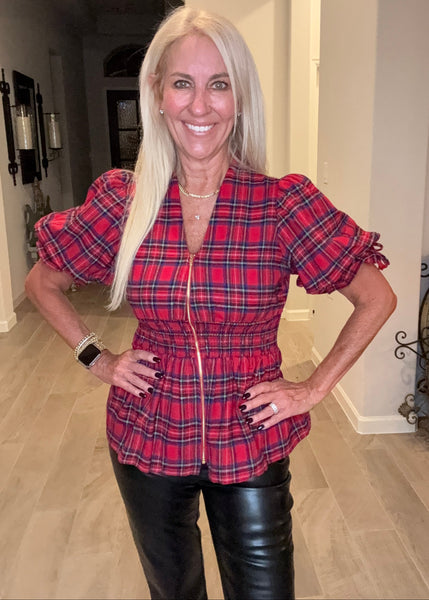 Red Plaid Zip Front Peplum