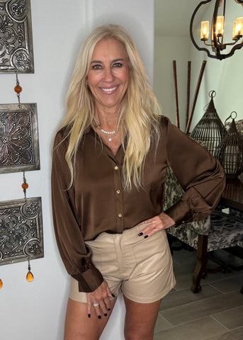 Brown V neck gold button front