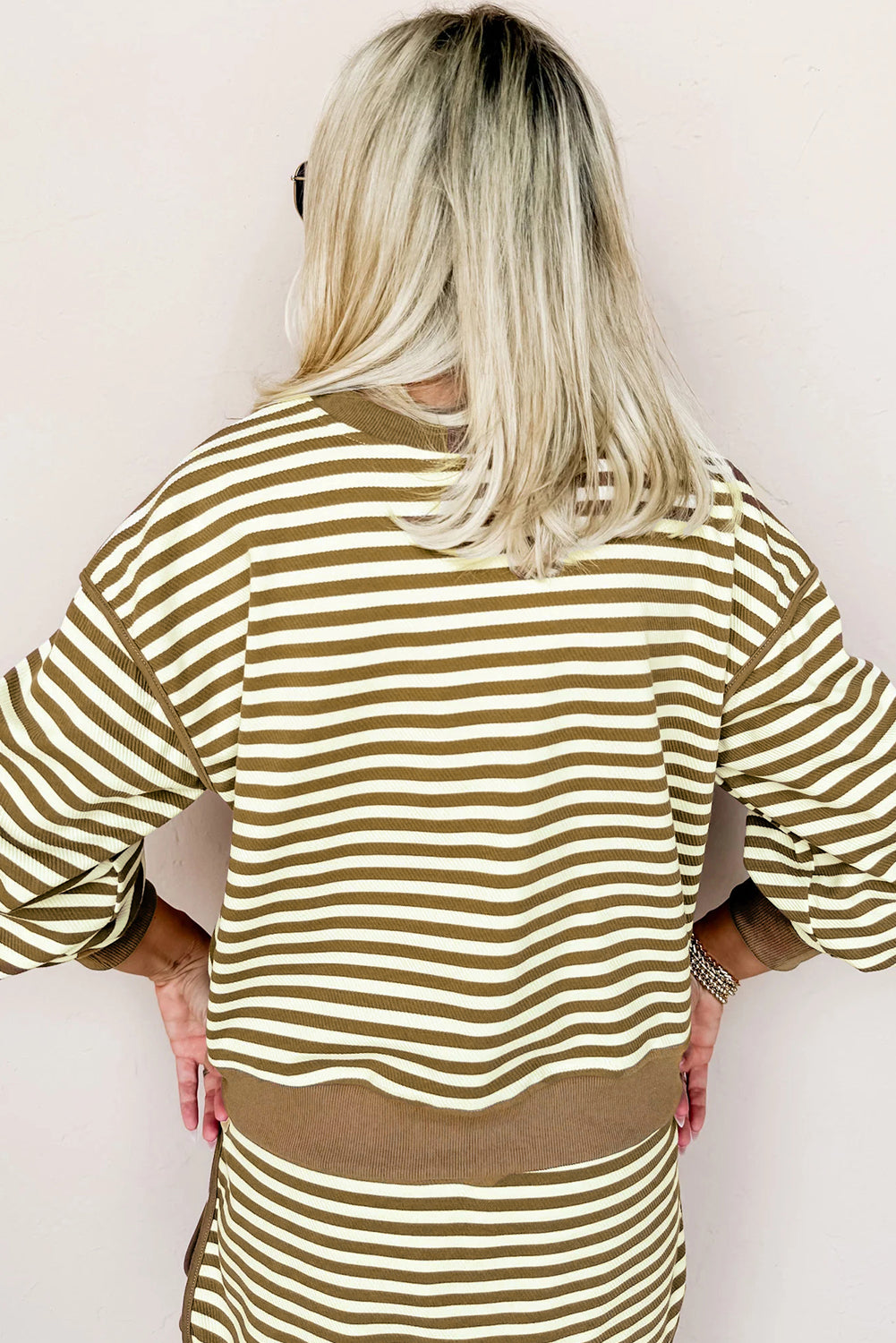 Black Stripe Textured Drop Shoulder Pullover Top Drawstring Mini Skirt Two Piece Dress Set