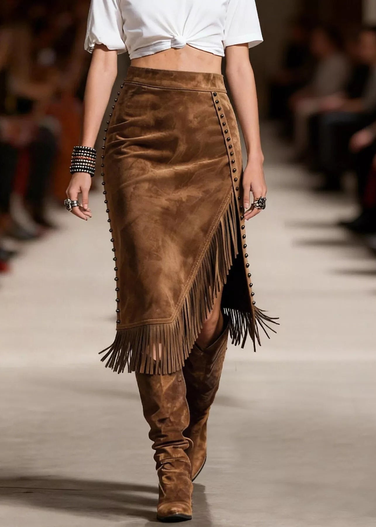 Studded Suede Fringe Midi Skirt